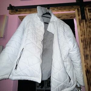 White Quilted Jacket with Gray fur Lining